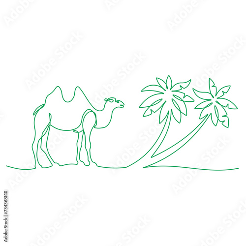 tree palm and Two-humped camel in continuous line art drawing style