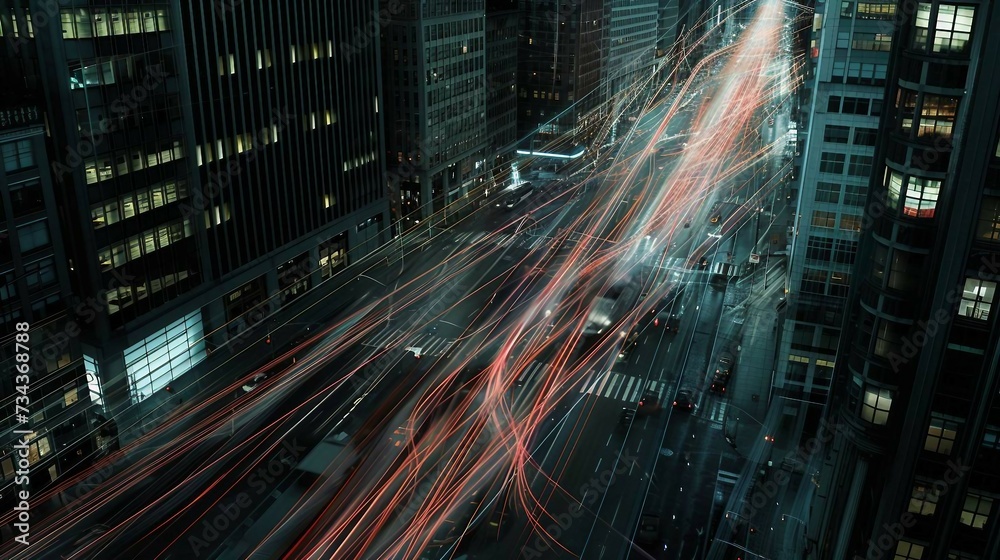 Fiber Optic Lines Weaving Seamlessly Through Cityscape, Symbolizing High-Speed Internet and Communication Network . 