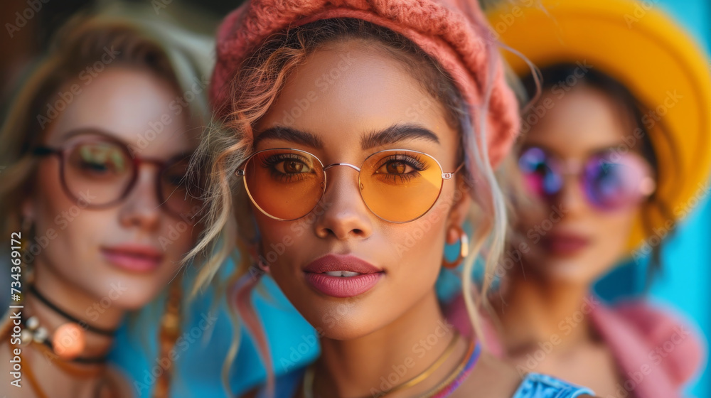 Trendy Urban Women in Stylish Eyewear and Colorful Fashion Outfits Trendy Urban Women in Stylish Eyewear and Colorful Fashion Outfits
