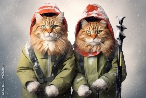 Funny cat couple posing with ski equipment