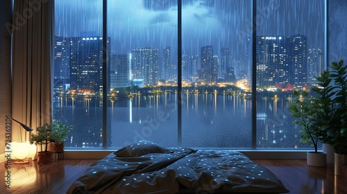 Serene Nighttime View From a Bedroom Overlooking a Rainy Cityscape