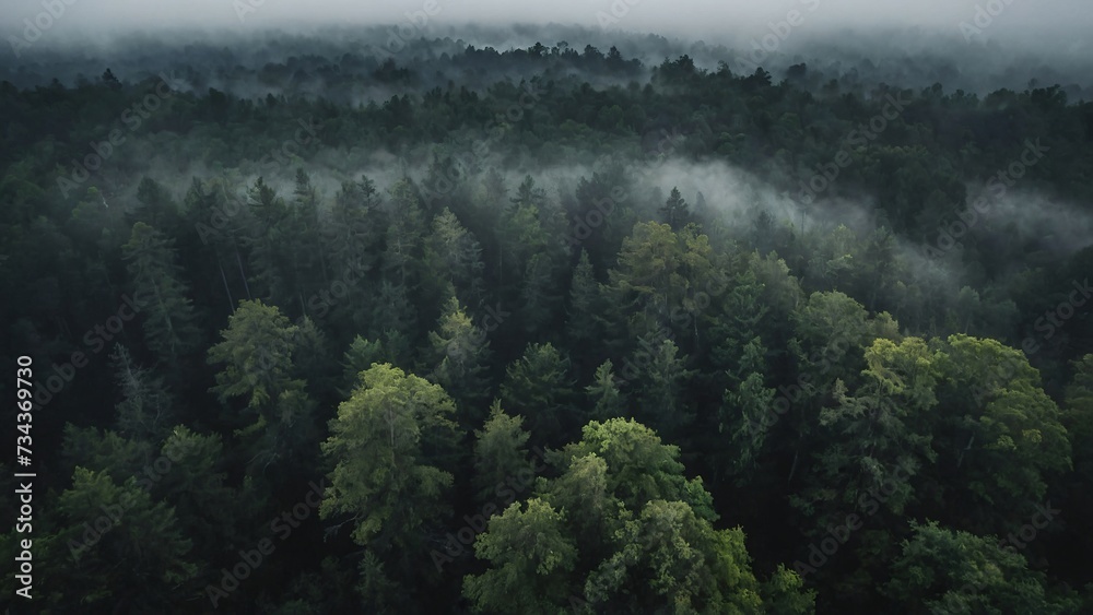 Forest covered with fog, dark day photo, birdview