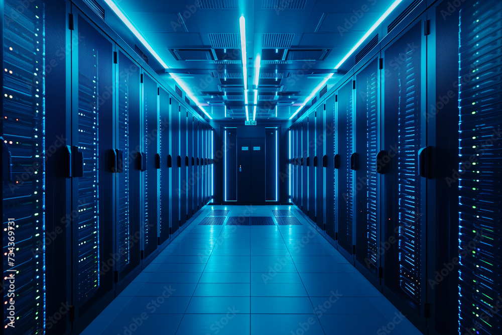 Big data concept, Interior of a modern data center with rows of high powered servers and blue LED lights, showcasing high-speed data processing and cloud storage capabilities. Big data concept, Interior of a modern data center with rows of high powered servers and blue LED lights, showcasing high-speed data processing and cloud storage capabilities.