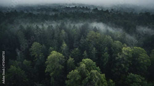 Forest covered with fog, dark day photo, birdview © Kacper