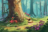 Illustration of a tree trunk in a summer forest with bushes, flowers, and a cartoon-style character. Generative AI