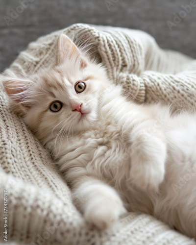 Cute white persian kitten lying on a knitted blanket.