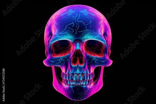 Skull artwork with neon colors, perfect for Halloween. Generative AI