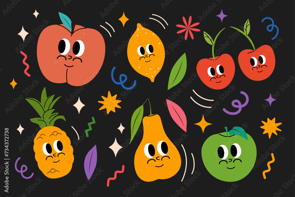 Set of fruits in modern and trendy groovy style. Vector y2k illustration. Retro poster. Peach, apple, pear, lemon, cherry, pineapple. Comic Character mascot. 60s. Stickers hippie pack. Smile face.