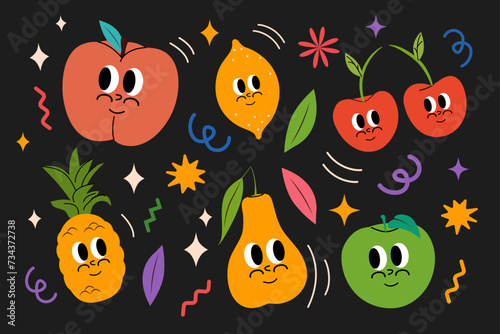 Fototapeta Naklejka Na Ścianę i Meble -  Set of fruits in modern and trendy groovy style. Vector y2k illustration. Retro poster. Peach, apple, pear, lemon, cherry, pineapple. Comic Character mascot. 60s. Stickers hippie pack. Smile face.