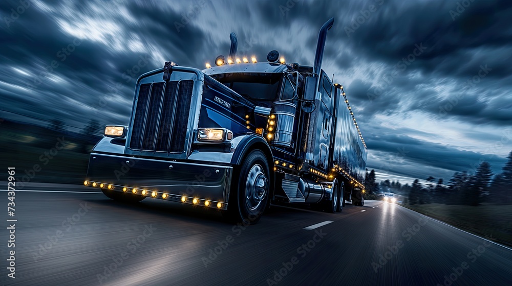 commercial blue truck powers through stormy weather, embodying Truck Transportation logistics with its sturdy build, reliable freight services, and dedicated truck transportation logistics commercial blue truck powers through stormy weather, embodying Truck Transportation logistics with its sturdy build, reliable freight services, and dedicated truck transportation logistics