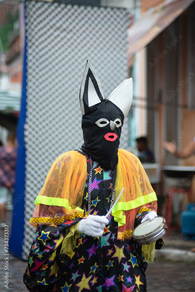 People dressed in Venice carnival style are seen during the carnival in the city of Maragogipe, in Bahia.