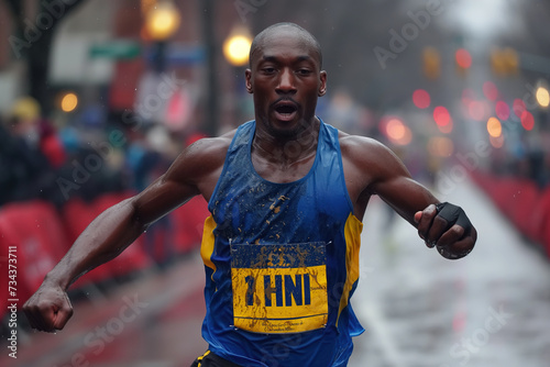 A determined black man running in a marathon, ignoring the rain and pushing towards the finish line.