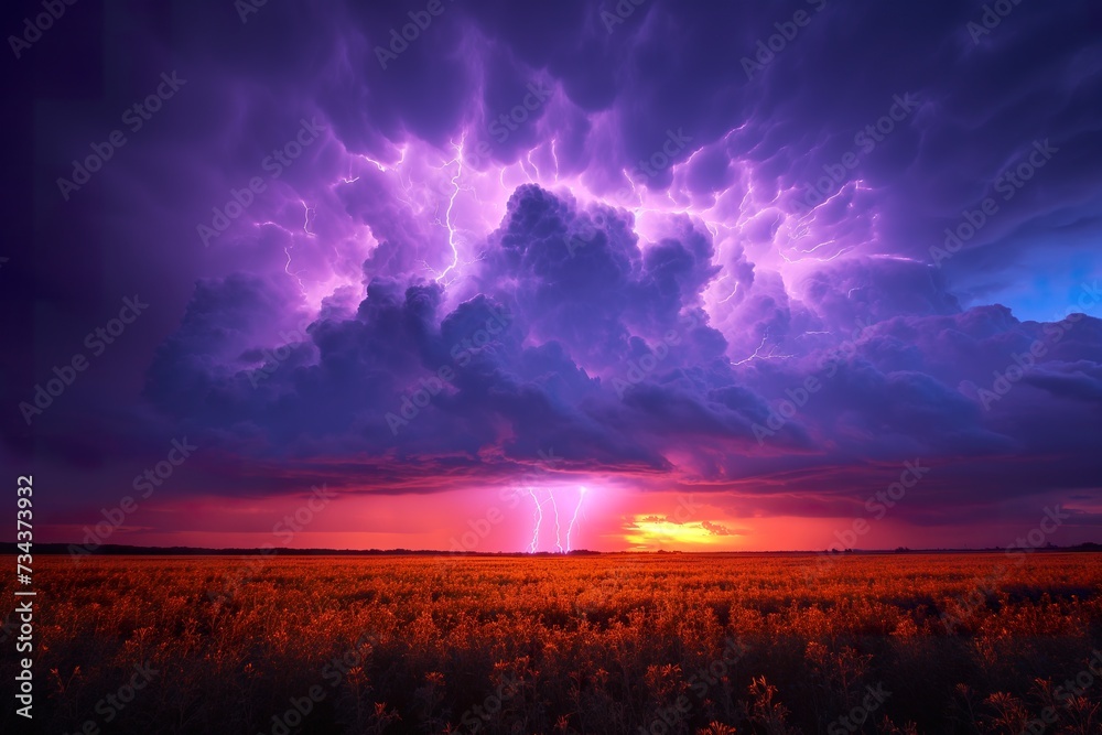 A photograph of a vibrant purple sky with a lightning bolt visible in the distance.