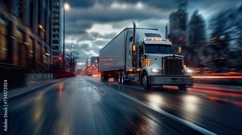 Truck Transportation logistics commercial prowess displayed by a blue semi-truck against a dynamic sky, highlighting rapid delivery, durable transport, and seamless truck transportation logistics