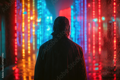A man stands in front of an illuminated wall of lights.