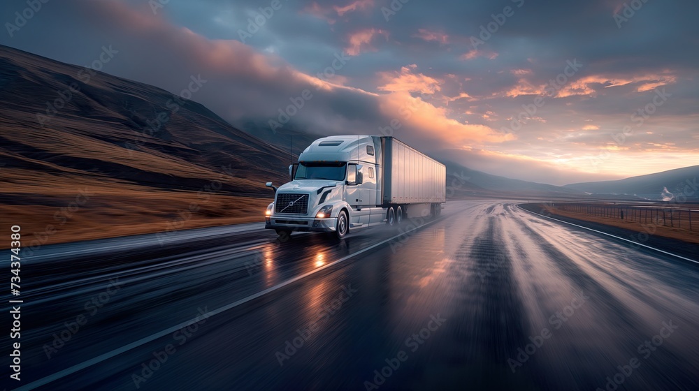 Truck Transportation logistics, this commercial blue truck dominates the road, merging speed, cargo delivery, and the essence of truck transportation logistics