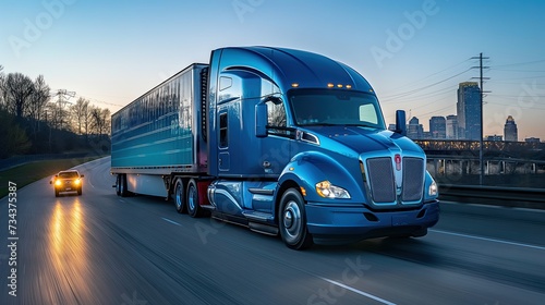 ruck Transportation logistics, this black commercial truck blurs past neon lights, showcasing high-speed delivery and robust truck transportation logistics