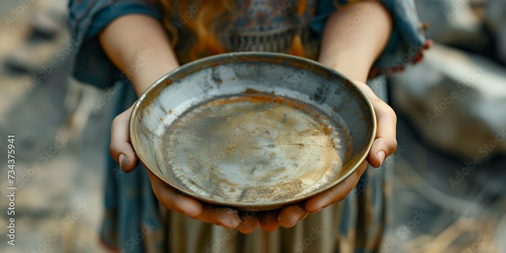 Close up of a young woman holding a metal bowl in her hands