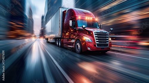 Truck Transportation logistics embodied in the sleek design of a commercial black truck against a city night, reflecting the pulse of urban cargo movement and core truck transportation logistics