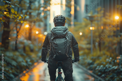 A businessman commuting to work by cycling through the office buildings. © omune