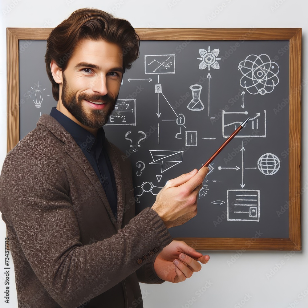 focused young man holds a pen and explains on a blackboard isolated on white background focused young man holds a pen and explains on a blackboard isolated on white background