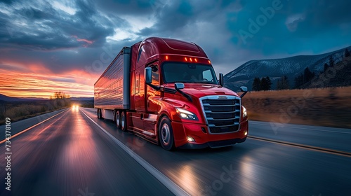 Truck Transportation logistics defined by a powerful commercial semi-truck speeding under stormy skies, capturing the essence of cargo delivery and truck transportation logistics
