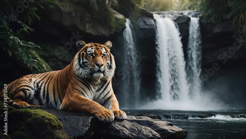 A beautiful striped tiger lies on a stone near a waterfall © Владимир Коврижник