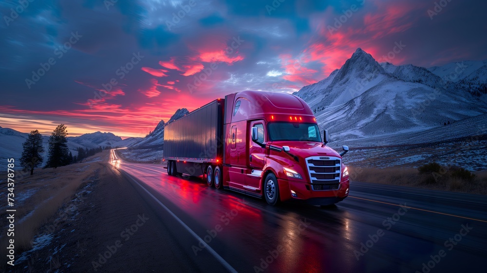Truck Transportation logistics captured by a commercial blue semi-truck speeding past, highlighting themes of trade, supply chain velocity, and steadfast truck transportation logistics