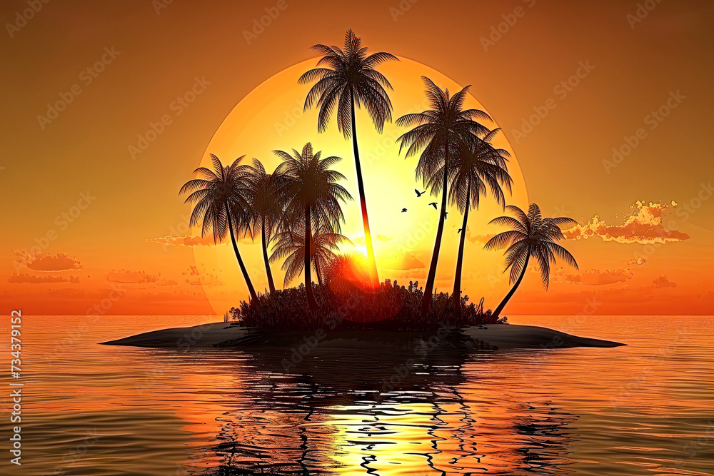 Palm trees on a small island with a sunset in the background, generative ai