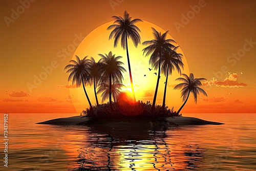 Palm trees on a small island with a sunset in the background, generative ai