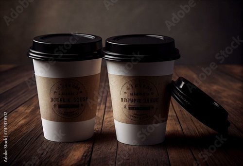 Two white take away coffee paper cups mock up with black lids on wooden background. Opened (with holder) and closed disposable cups. Generative AI