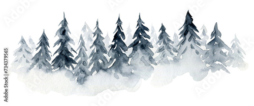 Mist watercolor illustration of textured gray blue coniferous fir forest landscape. Monochrome foggy pine trees texture for winter Christmas design, print, north landscape banner