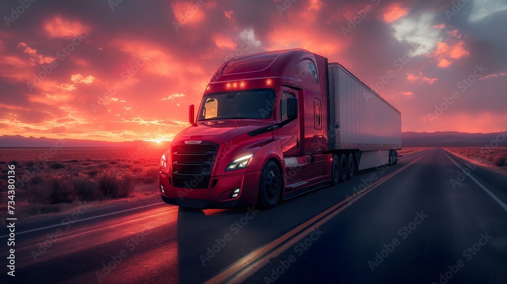 commercial freight liner embodies Truck Transportation logistics, its massive wheels spinning on the open road against a dramatic sky, representing truck transportation logistics