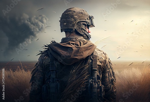 soldier looking at the horizon in the field of war ai. Generative AI photo