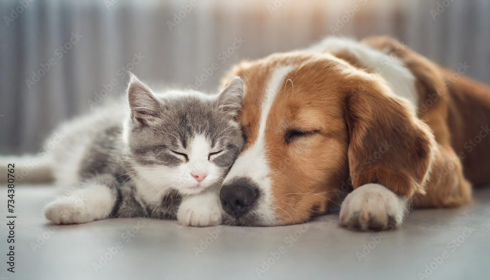 Puppy and kitten sleeping together symbolizing friendship and bonding on a blurred white home background