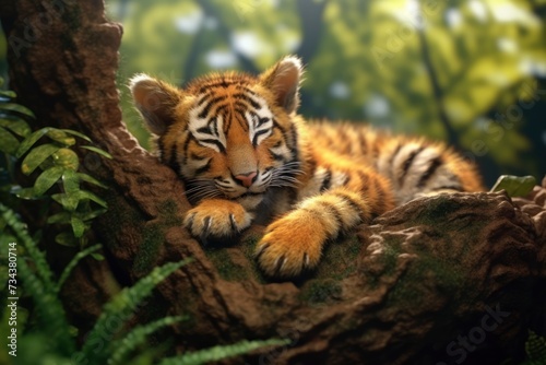Photo of a tiger sleeping in the tree