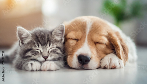 Puppy and kitten sleeping together symbolizing friendship and bonding on a blurred white home background