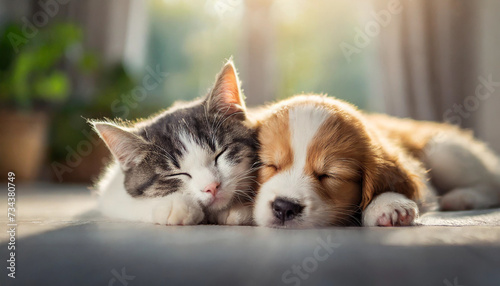 Puppy and kitten sleeping together symbolizing friendship and bonding on a blurred white home background