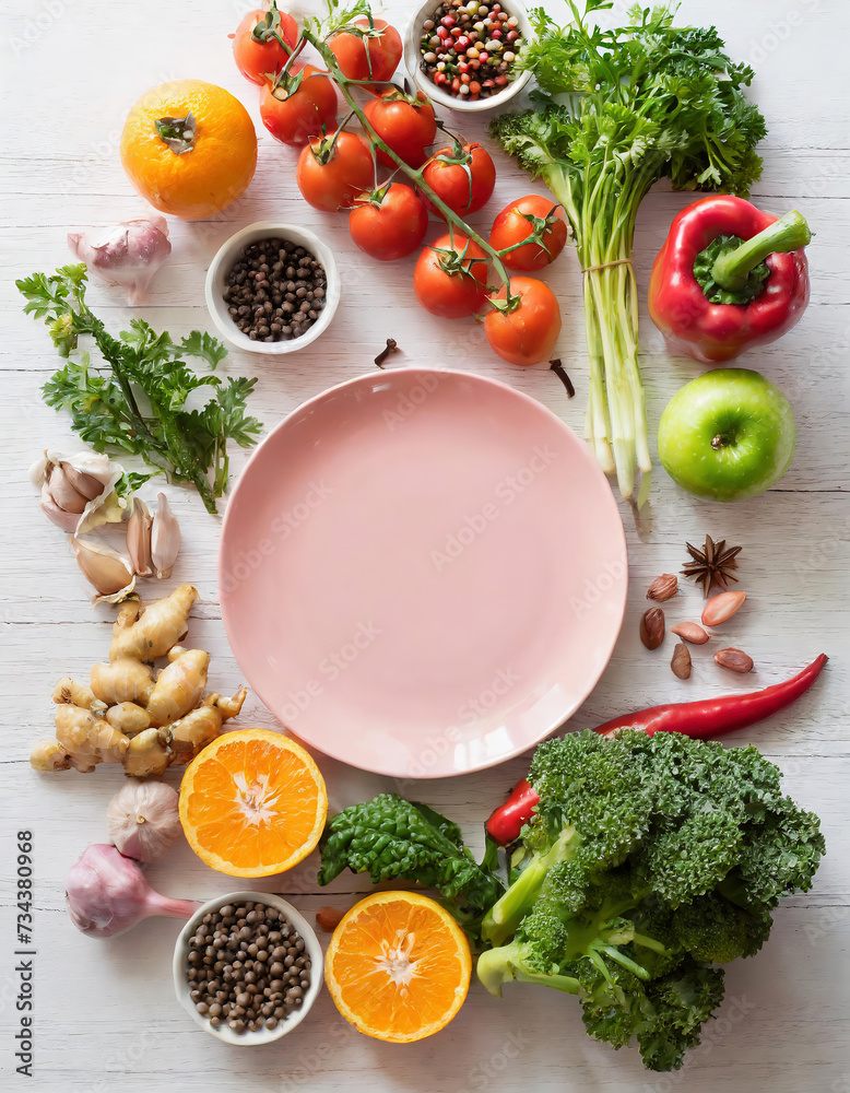 Empty pink plate with vegetables and spices on white wooden background, top view. copy space for your text or product Empty pink plate with vegetables and spices on white wooden background, top view. copy space for your text or product