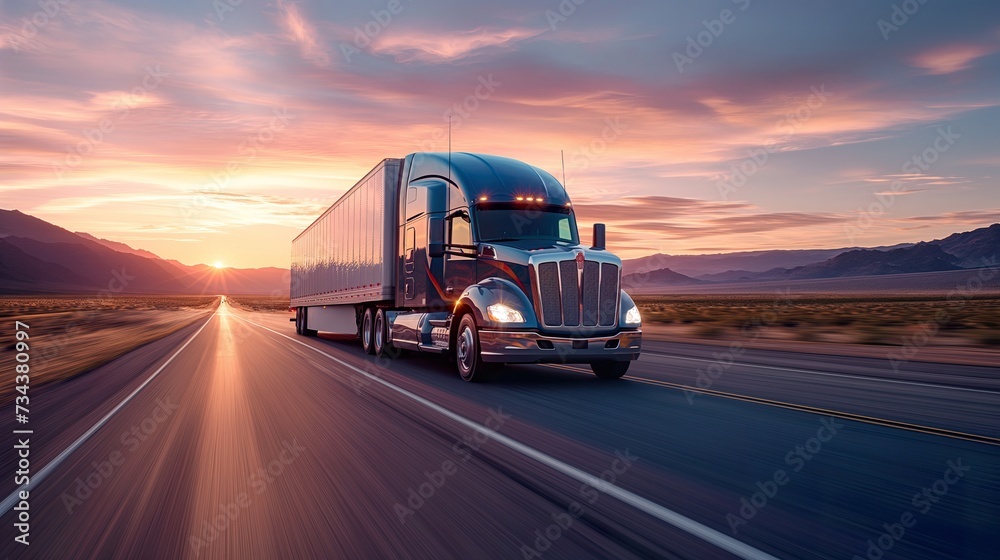 Truck Transportation logistics in motion, as a commercial semi-truck races against a tempestuous backdrop, epitomizing swift, reliable truck transportation logistics - obrazy, fototapety, plakaty 