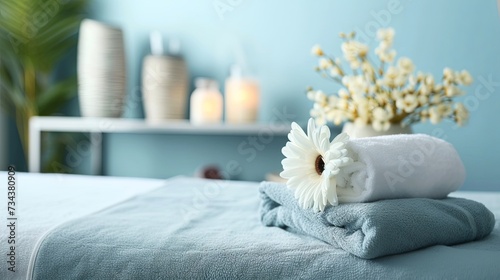 Serene Spa Setting With Towels  Candles  and Flowers on a Massage Table