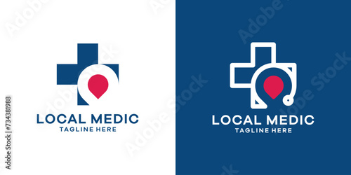 a combination of a pin map logo design with a plus sign for a health consultation logo.