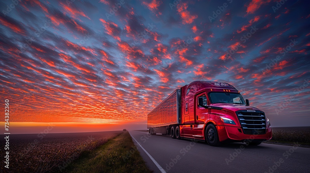 Truck Transportation logistics captured by a  commercial big rig powering through dramatic weather, showcasing long-haul, reliability, and dedicated truck transportation logistics