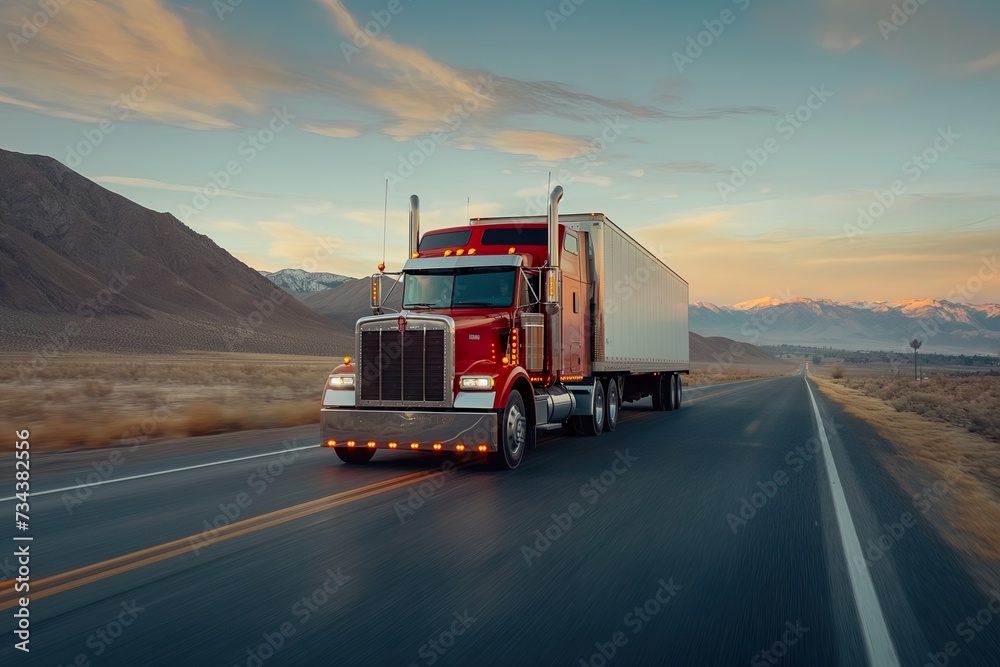 Truck Transportation logistics and commercial strength, as a  truck carves its path under tumultuous skies, reflecting unstoppable service and comprehensive truck transportation logistics