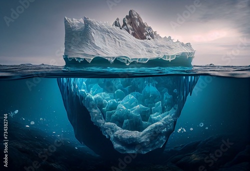 Giant drifting floating iceberg grounded in sea with rocky bottom. Generative AI photo