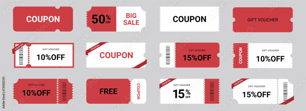 Coupon promotion illustration set. Discount coupon, gift voucher, coupon book.Eps 10  - obrazy, fototapety, plakaty 