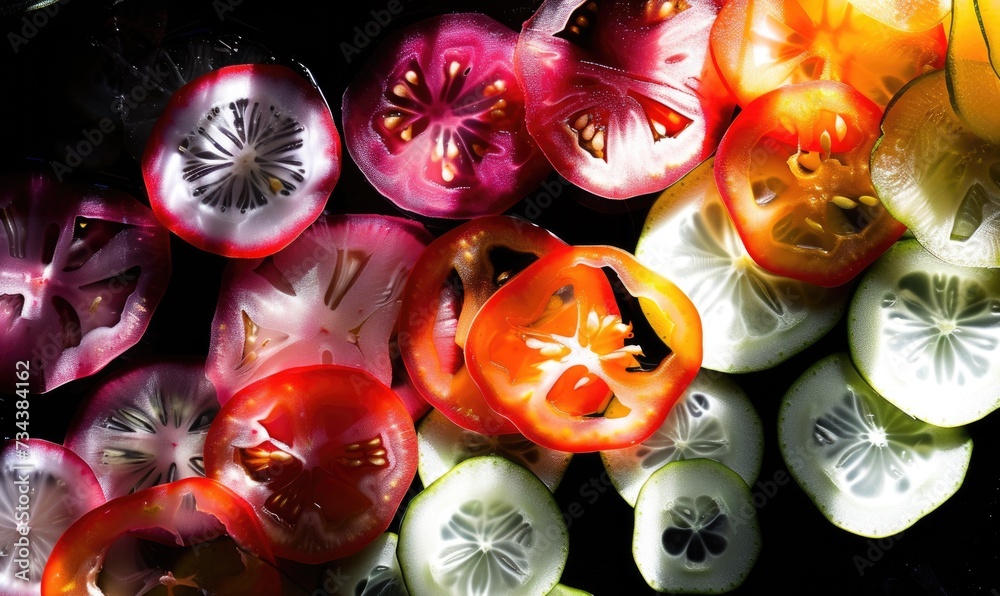 Close up of sliced tomatoes and cucumbers in water on black background