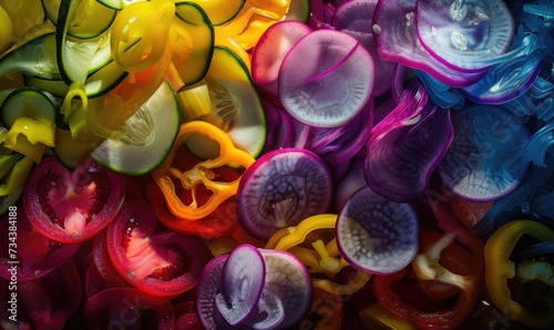 Colorful slices of bell pepper and onion as a background. Close up.