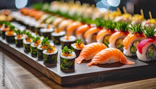 sushi and sashimi on catering table, inviting guests to savor authentic flavors and exquisite presentation