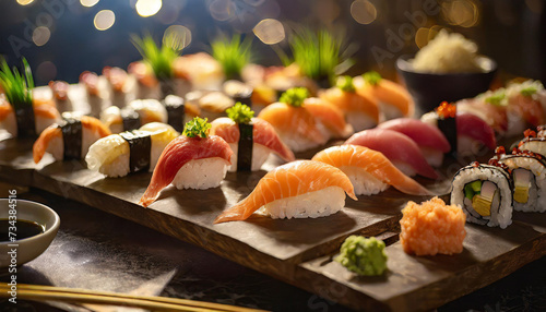 sushi and sashimi on catering table, inviting guests to savor authentic flavors and exquisite presentation